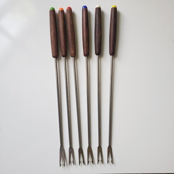 Set of 6 Vintage Fondue Forks MCM Japan Wooden Handles Stainless Steel - Picture 2 of 8